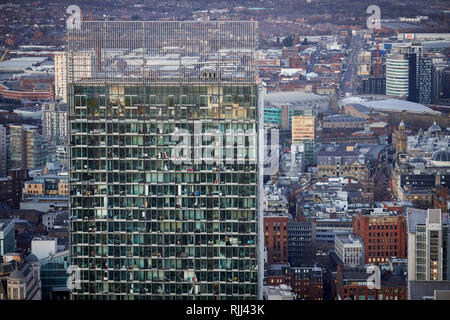 View from the South tower of Deansgate Square looking down at Manchester City Centres skyline looking at Beetham Tower Stock Photo