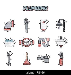 Plumbing concept icons. Plumber and wrench. Engineer character. Plumber repairing a pipe under a sink. Flat icon modern design style concept Stock Vector
