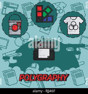 Polygraphy flat concept icons. Spectrum and gamma, technology equipment, ink and palette, vector illustration Stock Vector