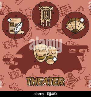 Theater flat concept icons, drama, comedy, curtain and mask, tragedy Vector illustration Stock Vector