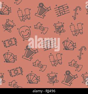 Theater flat icons pattern - drama, comedy, curtain and mask, tragedy Vector illustration Stock Vector