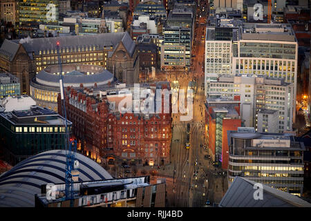 View from the South tower of Deansgate Square looking down at Manchester City Centres skyline around The Midland Hotel and Peters Square Stock Photo