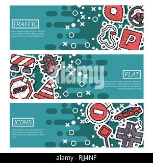Traffic horizontal banner set with navigation and night city flat elements isolated vector illustration Stock Vector