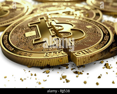 Close-up shot on broken or cracked Bitcoin coins laying on white background. Bitcoin crash concept. 3D rendering Stock Photo