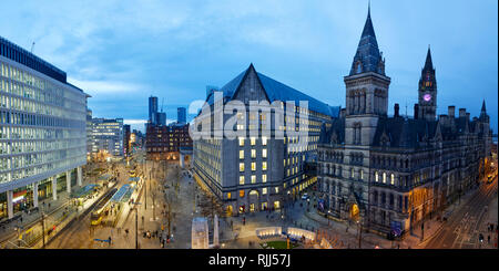 View from hunters Education into St Peters Square Metrolink tram interchange and modern public open pedestrian space at the back of Manchester Town Ha Stock Photo