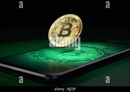 Levitating Bitcoin over a smartphone screen with blockchain and bitcoin images on display. 3D rendering Stock Photo