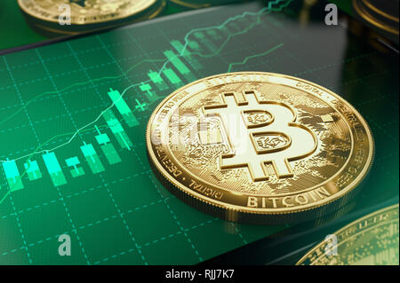 Green diagrams indicating Bitcoin growth. Big revenues for cryptocurrency investors concept. 3D rendering Stock Photo