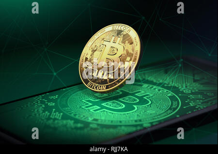 Golden bitcoin levitating over a smartphone with Bitcoin logo on it. Bitcoin and blockchain concept. 3D rendering Stock Photo