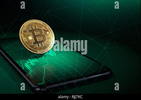 Golden bitcoin levitating over a smartphone with green growth diagram on it. Bitcoin price rises concept. 3D rendering Stock Photo