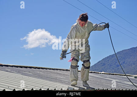 A trademan uses an airless spray to paint the roof of a building Stock Photo