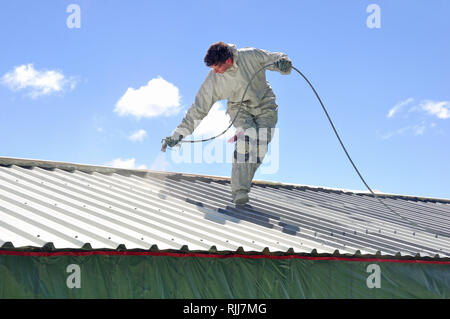 A trademan uses an airless spray to paint the roof of a building Stock Photo