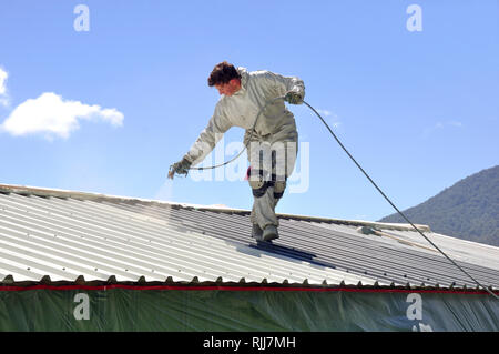 A trademan uses an airless spray to paint the roof of a building Stock Photo