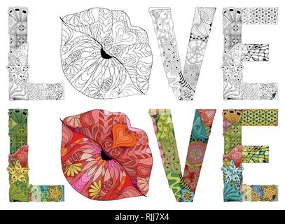 Word LOVE with lips silhouette. Vector decorative zentangle object. Color and outline set. Stock Vector