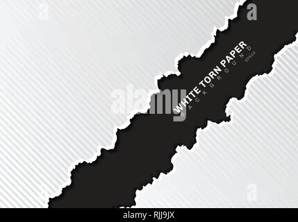 White torn paper edges with shadow and pattern diagonal lines texture on black background with copy space. Vector illustration Stock Vector