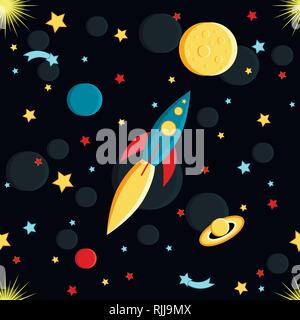 Rocket flying to the moon. Sun, Saturn, Earth, other planets, stars, comets, space Cartoon style Seamless pattern Stock Vector