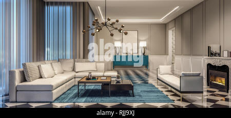 modern interior design living room with blue accents and black and white tiles, night scene Stock Photo