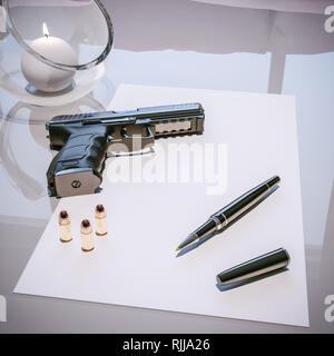 Suicide letter with handgun, bullets, pen and candle on the table, illustration Stock Photo