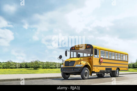 School bus driving on the country road, going to school, beautiful sunny day, 3d rendering Stock Photo
