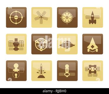 Different kinds of future spacecraft icons over brown background - vector icon set Stock Vector