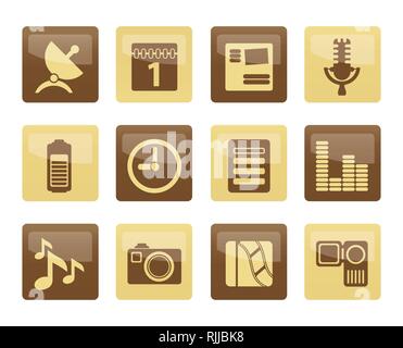 Mobile phone performance icons over brown background - vector icon set Stock Vector
