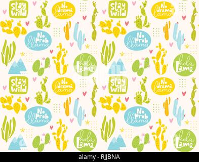 Vector summer seamless pattern with cactus and lettering. Stock Vector