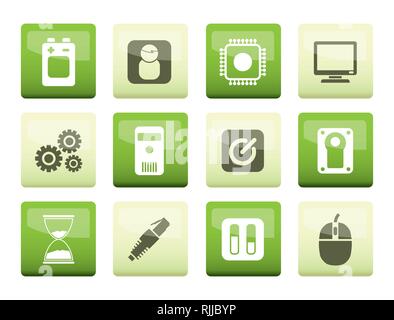 Computer and mobile phone elements icons over green background - vector icon set Stock Vector