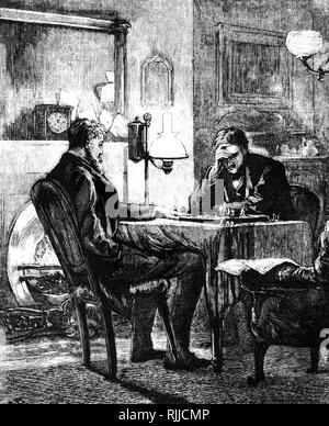 An engraving depicting two men playing chess by the light of an oil lamp. Dated 19th century Stock Photo