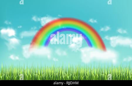 Colorful rainbow on sky background Vector realistic. Beautiful green meadow background Stock Vector