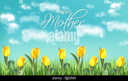 Mother day yellow tulip flowers field Vector realistic banner templates. Spring summer card Stock Vector
