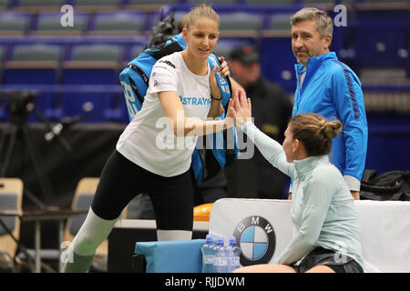 Czech tennis player Karolina Pliskova (left) greets with Romanian tennis player Simona Halep during a training session prior to the Fed Cup, World Gro Stock Photo