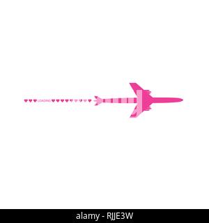 Progress loading bar with airplane and hearts. The flying apartment is black. The waypoint is for a tourist trip. Track on a white background. Vector Stock Vector