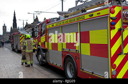 Three fire engines, Princes Street, Edinburgh, Scotland, UK Stock Photo