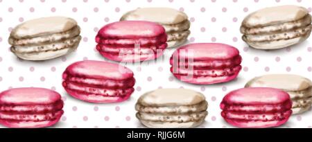 Macaroons retro background Vector watercolor. Banner template sweet french decor Stock Vector