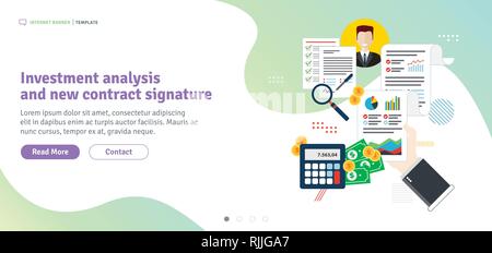 Investment analysis and new contract signature. Report with investment data and graphs of growth. Template in flat design for web banner or infographi Stock Vector