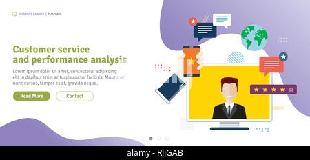 Customer service and performance analysis. Evaluation of online support, contract service or purchase product. Template in flat design for web banner  Stock Vector