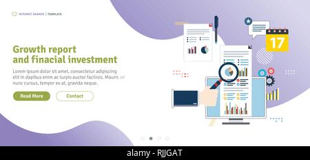 Growth report and finacial investment. Analytics and strategy in financial market. Successful business. Template in flat design for web banner or info Stock Vector
