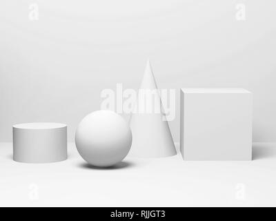 Abstract classical still life installation with white primitive geometric shapes in a row. 3d render illustration Stock Photo