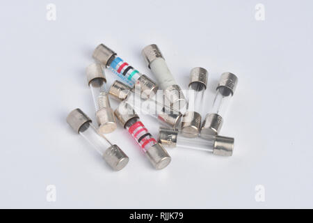 Fuses.A selection of 20 x 5mm fuses both Glass bodied and Ceramic bodied, fast acting and slow blow (Time delay).For use in a multitude of application Stock Photo