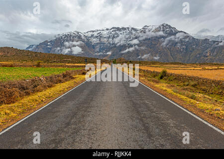 On the road landscape of a highway in the Andes mountain range of Peru in the region of Arequipa and the Colca Canyon, South America. Stock Photo