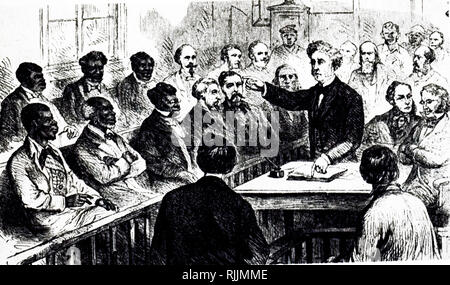 An engraving depicting a black and white jury in a Southern Courtroom in 1867. African Americans could also demand a trial in special army courts. Dated 19th century Stock Photo