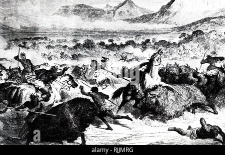 An engraving depicting Native Americans hunting in Buffalo. Dated 19th century Stock Photo