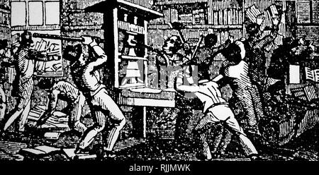 Woodcut engraving depicting the destruction of the abolitionist printing press of the Alton Observer. On the 20th July 1837, the press was attacked and the editor Elijah Parish Lovejoy was shot by a drunken mob. Dated 19th century Stock Photo