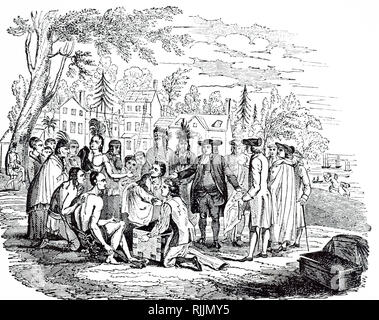 An engraving depicting William Penn meeting the Native Americans. Sir William Penn (1644-1718) an English, real estate entrepreneur, philosopher, early Quaker, and founder of the English North American colony the Province of Pennsylvania. Dated 19th century Stock Photo