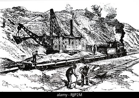 An engraving depicting a steam excavator working on a railway embankment. Dated 19th century Stock Photo