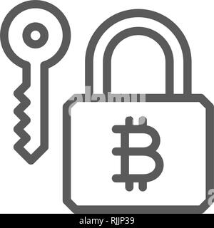 Bitcoin lock with key, cryptocurrency, blockchain line icon. Stock Vector