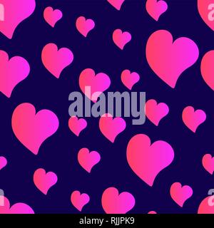 Funny red seamless valentines pattern with cartoon gradient hearts isolated on deep blue background. Stock Vector