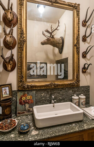 Antique hunting trophies of a moose head surround marble washbasin in cloakroom Stock Photo