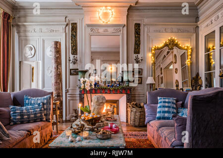 Panelled walls and trumeau made by Joseph Beunat with 19th century decorative plaster motifs and vintage Knole sofas Stock Photo