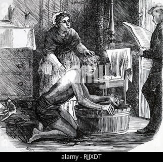 An engraving depicting a coal miner cleaning up after work with the help of his wife. Before the days of piped water and pit-head baths, after a day hewing coal underground the miner had only a tub on the living room floor filled with water from an outside pump to wash away the coal dust from his skin. Northumberland and Durham Coalfield, England. Dated 19th century Stock Photo