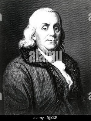 An engraving depicting Benjamin Franklin (1706-1790) one of the Founding Fathers, polymath, author, political theorist, printer, politician, Freemason, postmaster, scientist, inventor, civic activist, statesman, and diplomat. Dated 18th Century Stock Photo